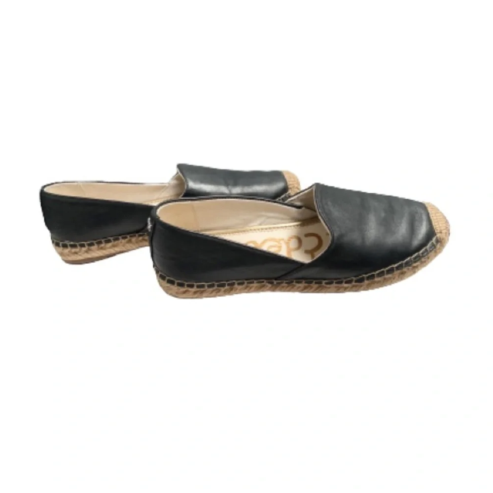Sam Edelman Espadrilles Womens 8 Black Leather Jute Trim Slip On‎ Flats Shoes